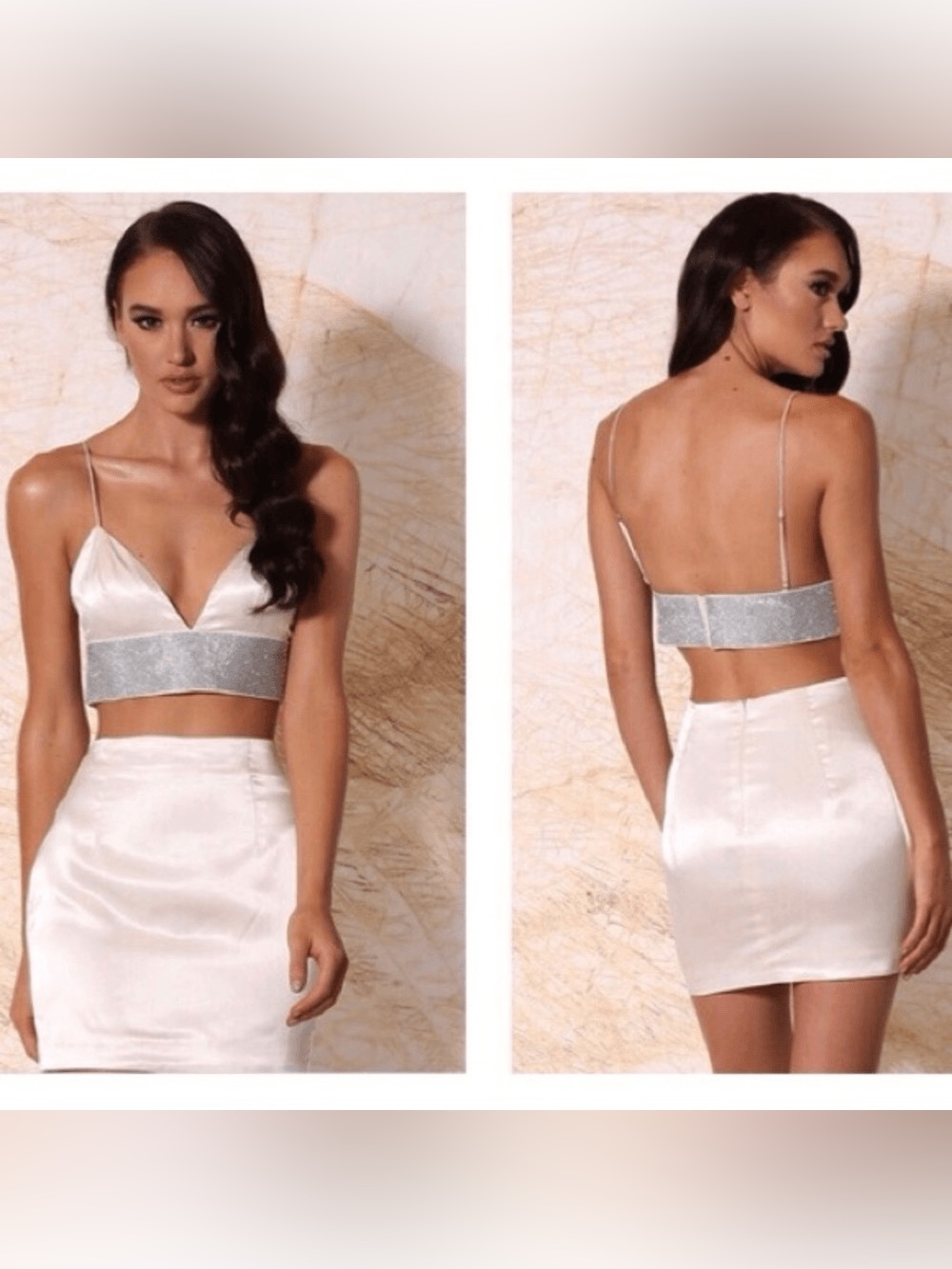 Meshki Satin Two-Piece Crop Top & Mini Skirt Set in Ivory with Silver Band
